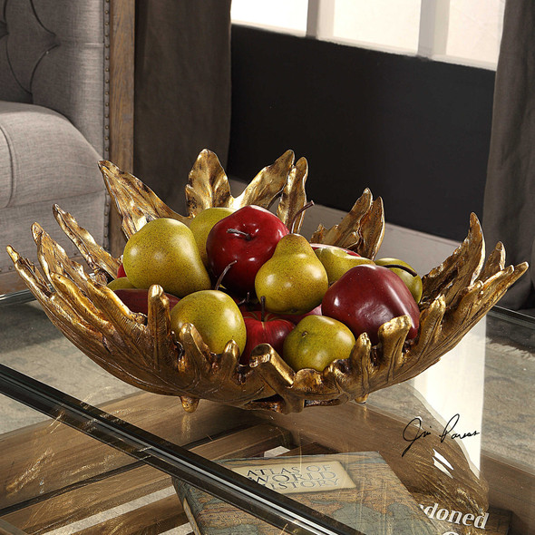 Oak Leaf Metallic Gold Bowl - Size: 17H x 50W x 45D (cm) - Contemporary style