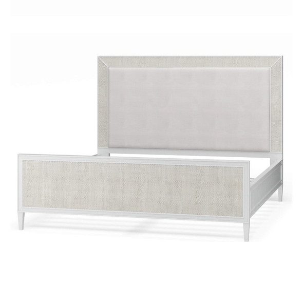 Belgravia Upholstered Bed w/ Rattan King - True White / Arctic Fabric - Size: 203H x 216W x 152D (cm) - Contemporary style