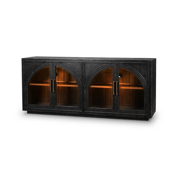Vannes 4 Door Sideboard w/ Glass Shelves and LED lights - Size: 84H x 198W x 46D (cm) - Mid-Century Modern style