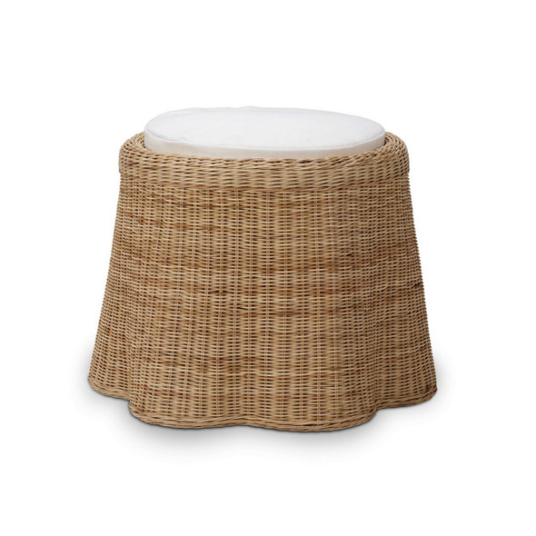 Newport Scalloped Rattan Round Small Ottoman w/ Cushion - Size: 50H x 56W x 56D (cm) - Coastal style