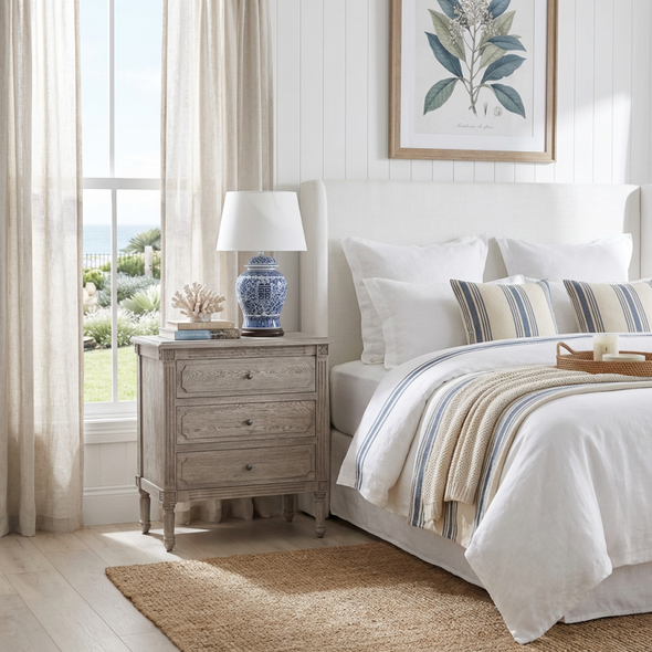 Versailles Bedside Table w/ Button Handles - Weathered Oak - French Provincial style