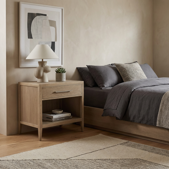 Portland Wide One Drawer Side Table - Weathered Oak - Contemporary style