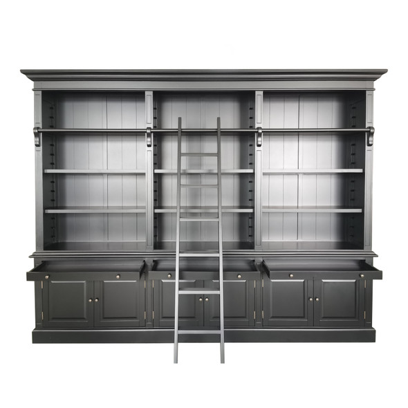 Maison Classic 3-Bay Library Bookcase w/- Ladder - Black