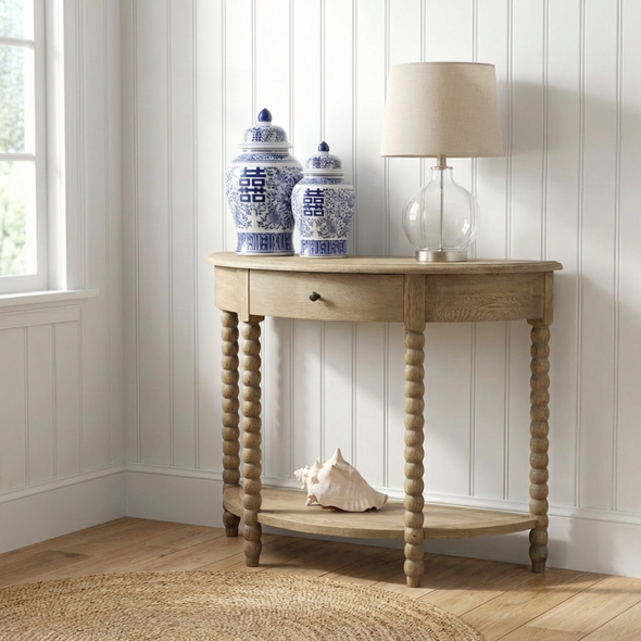 Belleville Bobbin Curved Console Small - Whitewash Oak - Hand made Living Room furniture