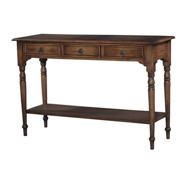 Tucker 3 Drawer Sofa Table w/ Shelf - Antique Oak / Light Wood Distressing - Size: 76H x 116W x 40D (cm) - Hamptons style