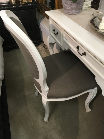 French Cabriole Dining Chair - White Light Distressed / Taupe Linen - Solid Timber French Provincial style Dining Room furniture