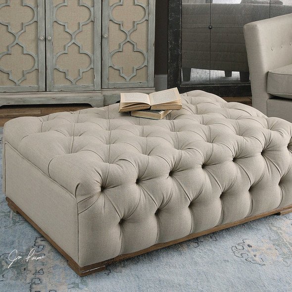 Kaniel Tufted Antique White Ottoman - Size: 44H x 109W x 81D (cm) - Hamptons style