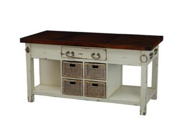 Umbria Kitchen Island Small - White Antique / Aged Honey Mahogany - Size: 90H x 140W x 56D (cm) - Craftsman style