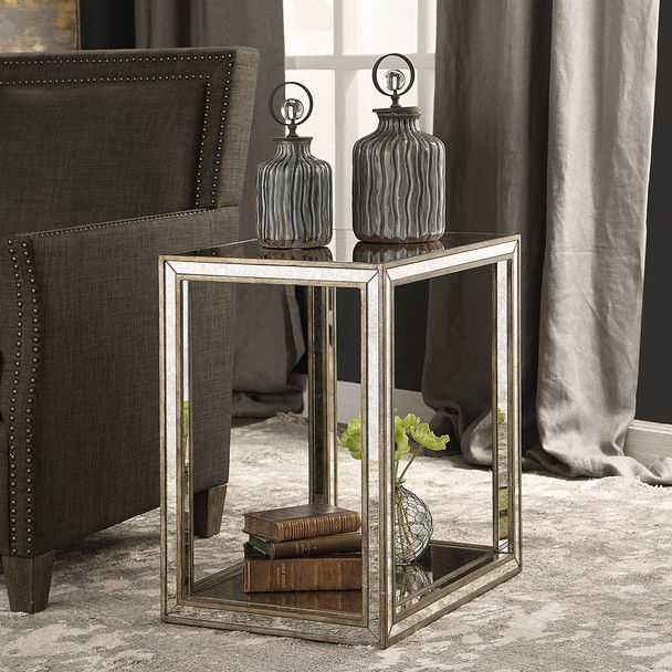 Julie Mirrored End Table - Size: 61H x 56W x 41D (cm) - Mid-Century Modern style