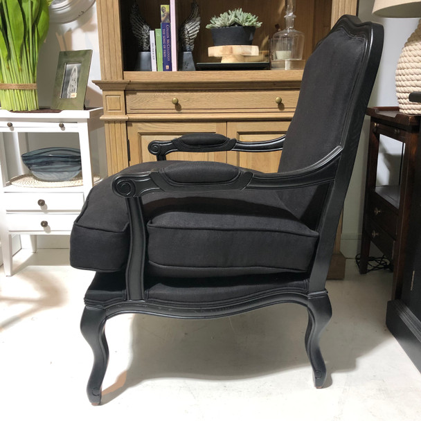 Henrietta French Louis Armchair Side View - Black oak Drifted Frame and Black Linen Fabric
