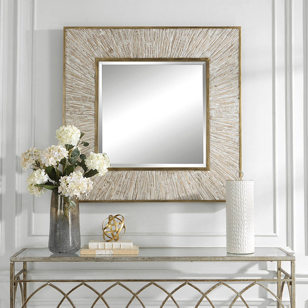 Wharton Whitewashed Square Mirror - Size: 105H x 105W x 5D (cm) - Mid-Century Modern style Wharton Whitewashed Square Mirror - Size: 105H x 105W x 5D (cm) - Mid-Century Modern style