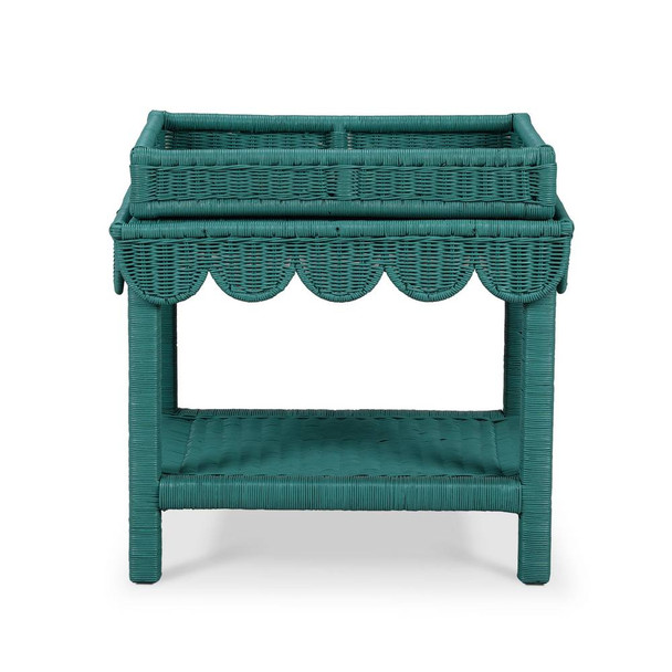 Newport Scalloped Rattan Side Table w/ Tray - Sale on Coastal style Living Room furniture