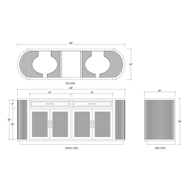 Kraton Oval Double Vanity w/o Sink & Marble top- Ribbed & Fluted Panels-Custom Order Only