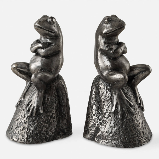 Daydreaming Frogs Aged Silver Bookends S/2 Mid-Century Modern style Bookend Decor