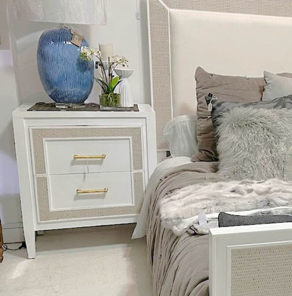 Belgravia Bedside Table w/ Rattan - True White / Rattan White Wash - Size: 70H x 45W x 81D (cm) - Contemporary style