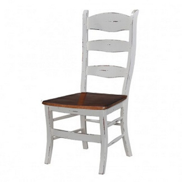 Peg & Dowel Ladder Back w/ Wooden Seat - White Antique / Teak Brown - Size: 110H x 54W x 57D (cm) - French Provincial style
