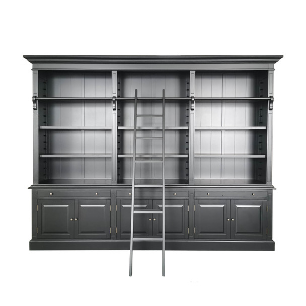 Maison Classic 3-Bay Library Bookcase w/- Ladder - Black
