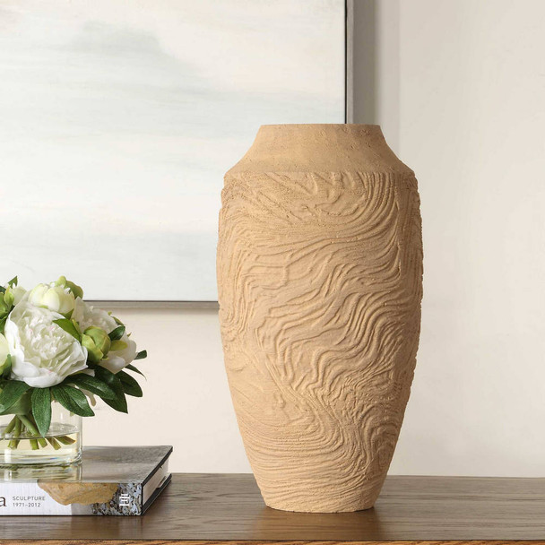 Sandstone Flow Small Terracotta Vase - Size: 18H x 31W x 31D (cm) - Organic style