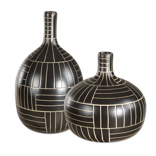 Graphite Stride Geometric Vases Set/2 - Size: 34H x 20W x 20D (cm) - Geometric style