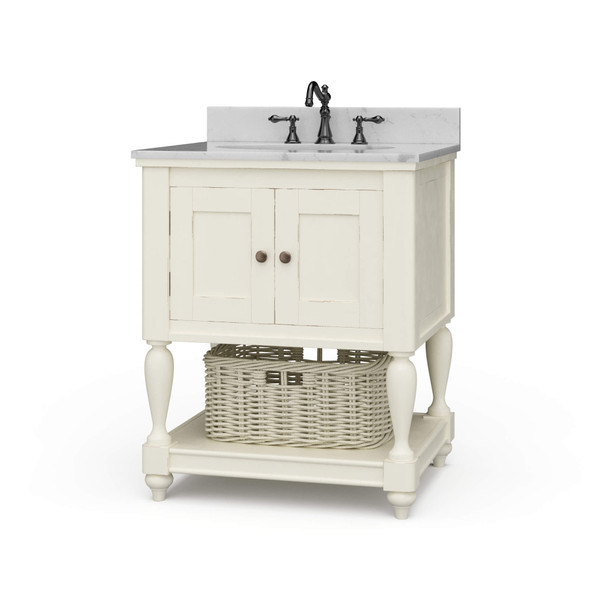 Jefferson Single Vanity w/ Sink & Marble Top - Vintage White - Size: 88H x 73W x 61D (cm) - Hamptons style