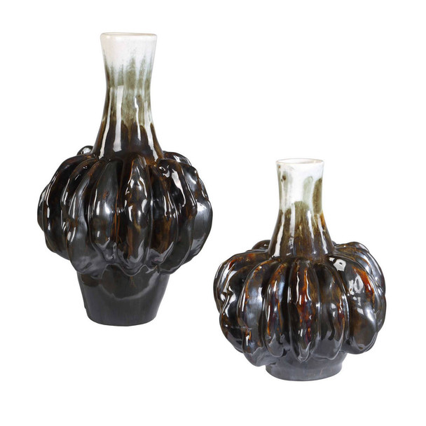 Umbrian White & Brown Gourd Vases Set/2 - Size: 34H x 22W x 22D (cm) - Organic style