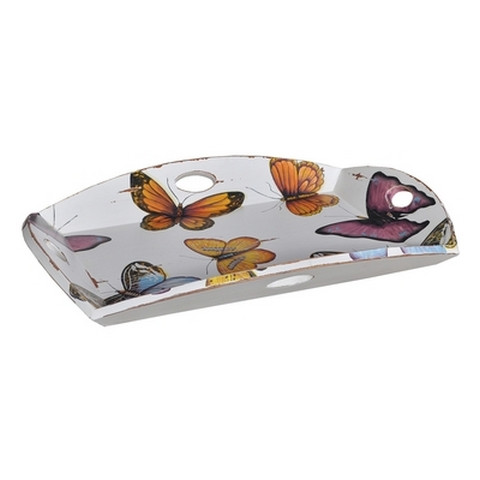 Homestead 4 Handle Serving Tray - White Antique / Butterfly Artwork A243 - Size: 9H x 77W x 57D (cm) - Farmhouse style