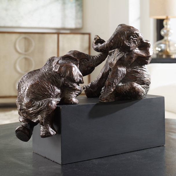 Playful Pachyderms Bronze Figurines - Size: 31H x 41W x 20D (cm) - Mid-Century Modern style