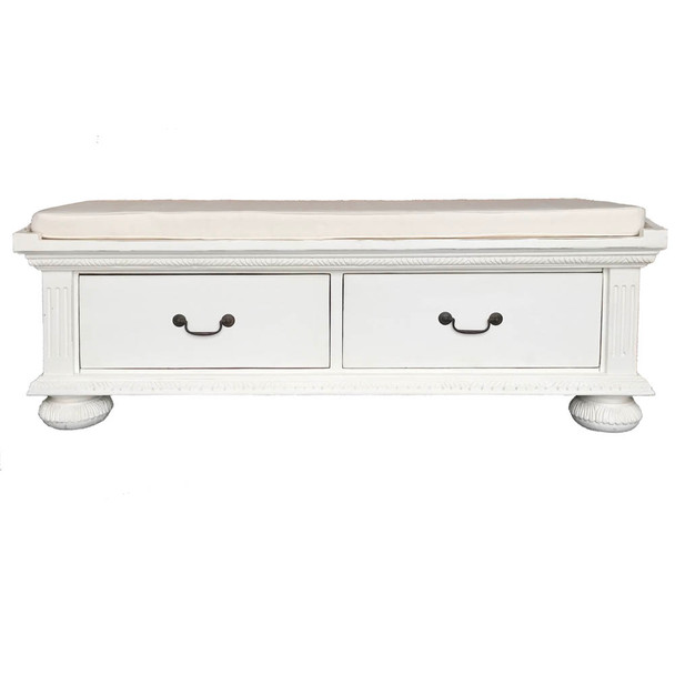 Charleston Bench - White Light Distressed / Neutral Linen - Size: 48H x 140W x 51D (cm) - French Provincial style Charleston Bench - White Light Distressed / Neutral Linen - Size: 48H x 140W x 51D (cm) - French Provincial style