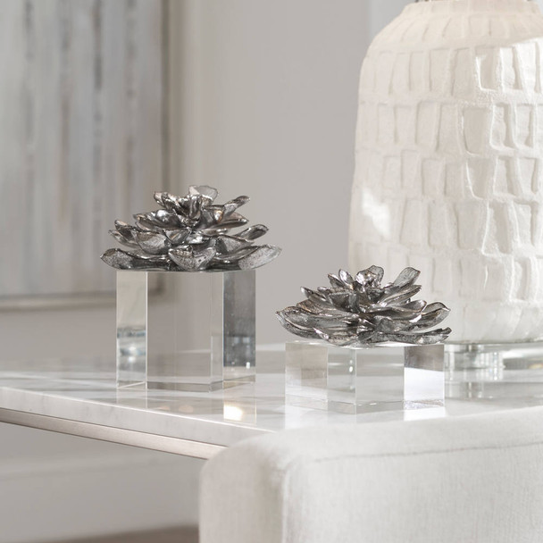 Indian Lotus Metallic Silver Flowers S/2 - Size: 18H x 16W x 16D (cm) - Mid-Century Modern style