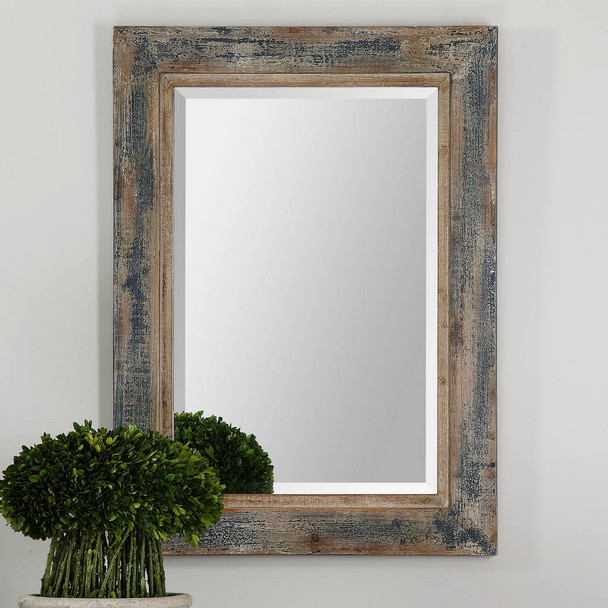 Bozeman Distressed Blue Mirror - Size: 96H x 71W x 3D (cm) - Mid-Century Modern style