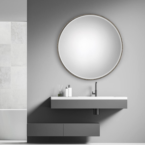 Stefania Beaded Round Mirror - Size: 102H x 102W x 8D (cm) - Mid-Century Modern style