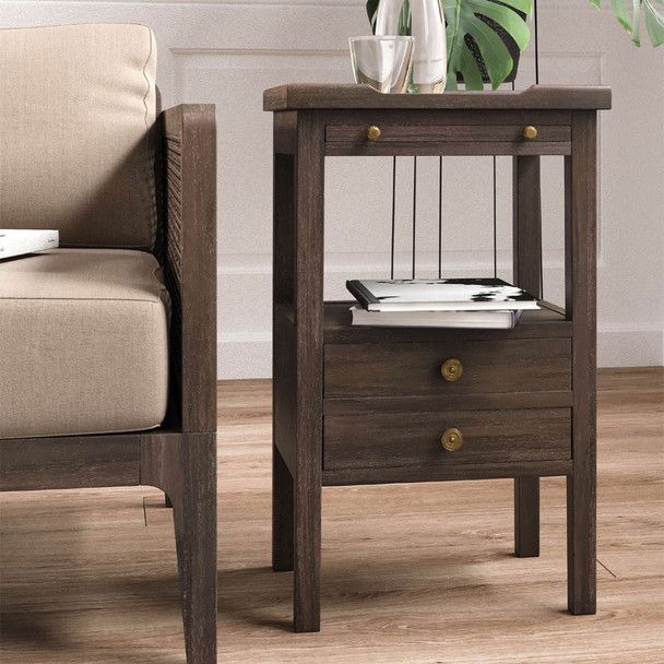 Eton 2 Drawer Side Table w/ Pull Out Shelf - Cocoa - Size: 42H x 32W x 69D (cm) - Craftsman style