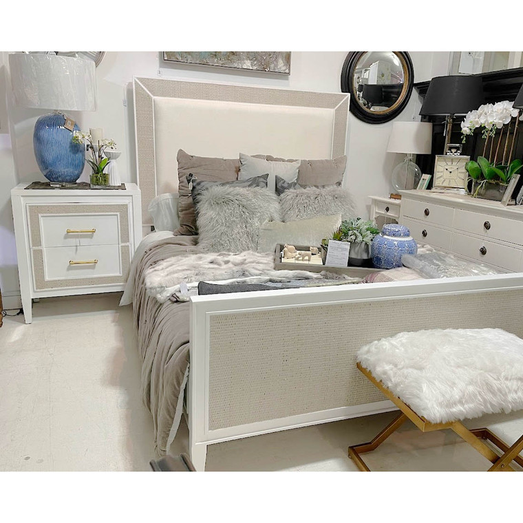 Belgravia Upholstered Designer Bed w/ Rattan Queen - True White