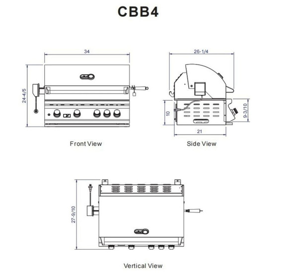 Whistler 34-Inch 4-Burner Built-In Gas Grill With Rear Infrared Burner, Grill Lights, Rotisserie Kit & Cover