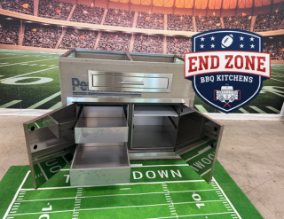 End Zone BBQ Kitchen Storage Max module featuring a 36" enclosed cabinet with drawers and shelf plus a 26" utility drawer photo with doors open