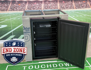 End Zone fridge module with the true flame 22" fridge with the door open