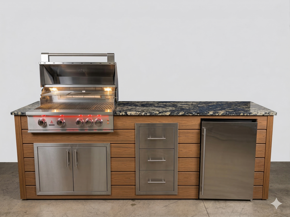 End Zone BBQ Kitchen outdoor kitchen island plan 02 finished with composite decking siding and a granite counter top