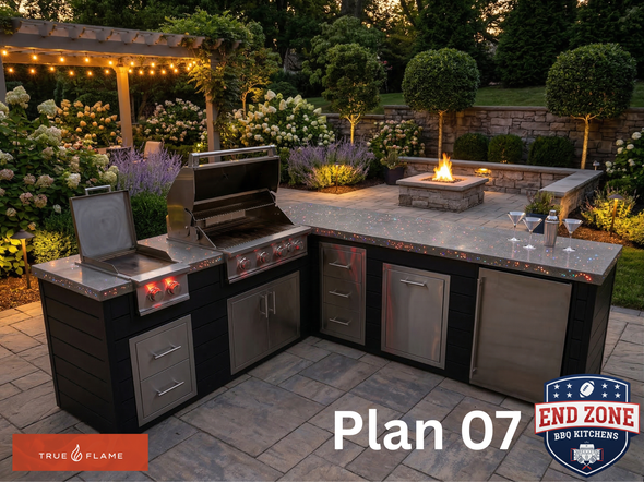 end zone bbq kitchens plan 7 in a beautiful back yard at evening time with led lights in the concrete counter top