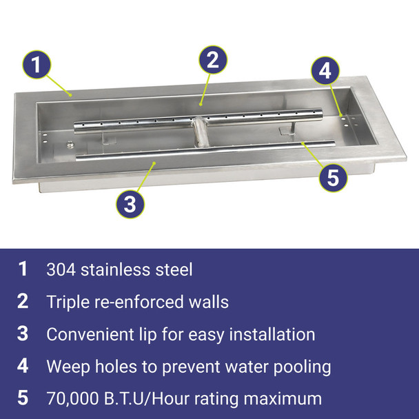 American Fire Products 18" x 6" Stainless Steel Rectangular Drop-In Fire Pit Pan - SS-AFPP-18
