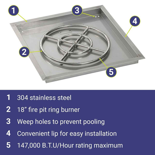 American Fire Products 24" Stainless Steel Square Drop In Pan With 18" Fire Ring - SS-SQP-24-ASBL