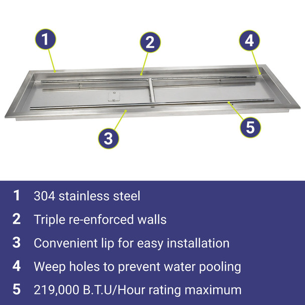 American Fire Products 48" x 14" Stainless Steel Rectangular Drop-In Fire Pit Pan - SS-AFPP-48