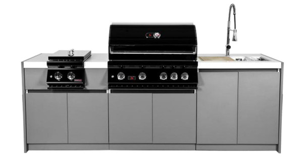 Whistler 4-Burner 96 x 28-Inch Gas Grill Island with Infrared Rear Burner, Double Side Burner, Sink, and Rotisserie Kit - Black Stainless