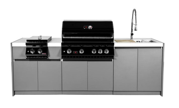 Whistler 4-Burner 96 x 28-Inch Gas Grill Island with Infrared Rear Burner, Double Side Burner, Sink, and Rotisserie Kit - Black Stainless