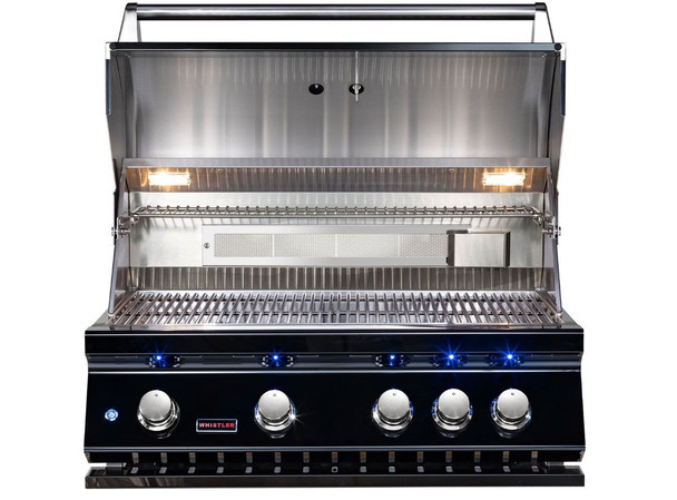 Whistler 4-Burner 102 x 28-Inch Gas Grill Island with Infrared Rear Burner, Refrigerator, Double Side Burner, and Rotisserie Kit - Black Stainless