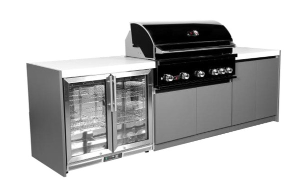 Whistler 5-Burner 110 x 28-Inch Gas Grill Island with Infrared Rear Burner, Refrigerator, and Rotisserie Kit - Black Stainless