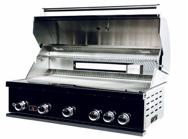 Whistler 5-Burner 110 x 28-Inch Gas Grill Island with Infrared Rear Burner, Refrigerator, and Rotisserie Kit - Black Stainless