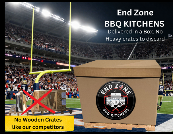 photo of the End Zone BBQ Kitchen delivery box on a pallet that is easy to discard and shows a comparison photo to wooden crates used by competing products that is very difficult to discard and requires hauling to the dumps. Don't Pay Extra for wooden crates