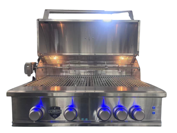 End Zone BBQ Kitchens ALL Pro 32 built in gas grill - lid open - blue lights on