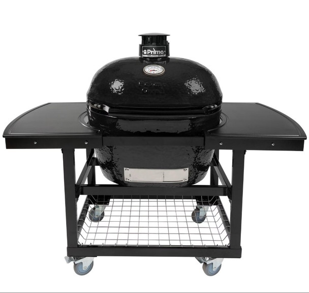 Primo Oval XL 400 Ceramic Kamado Grill On Steel Cart With 2-Piece Island Side Shelves And Stainless Steel Grates - PGCXLH (2021)