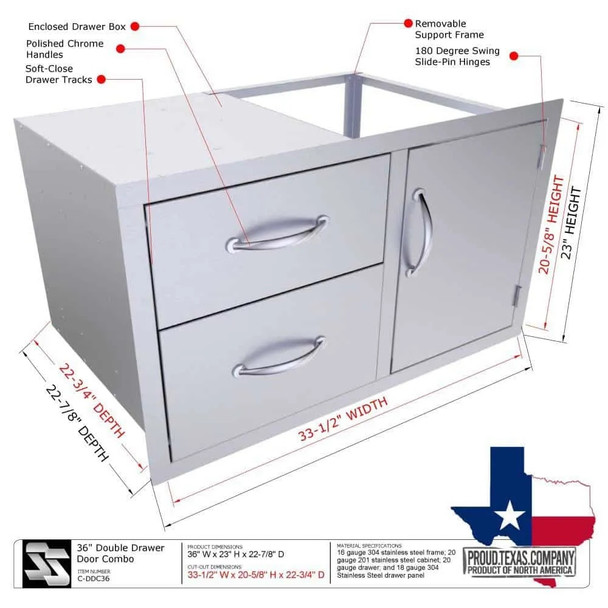 Sunstone Grills Classic Series 36-Inch Stainless Steel Flush Mount Right-Hinged Access Door & Double Drawer Combo-Specs